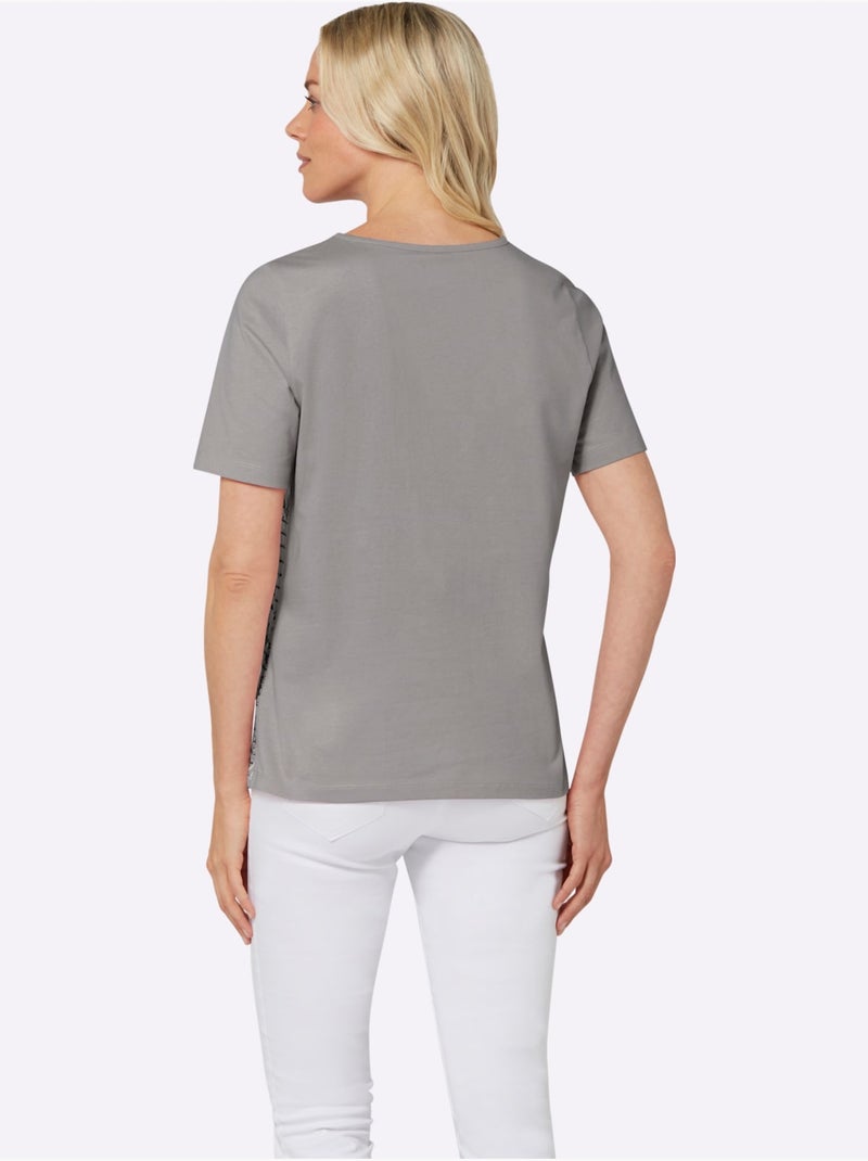 T-shirt à manches courtes avec inscriptions et motifs floraux - Taille standard - Moda Vilona Gris - Kiabi