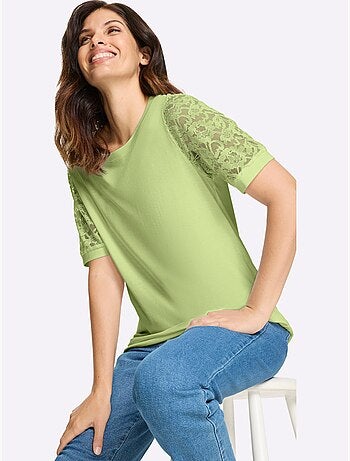 T-shirt avec manches courtes en dentelle florale et jersey - Taille standard - Moda Vilona