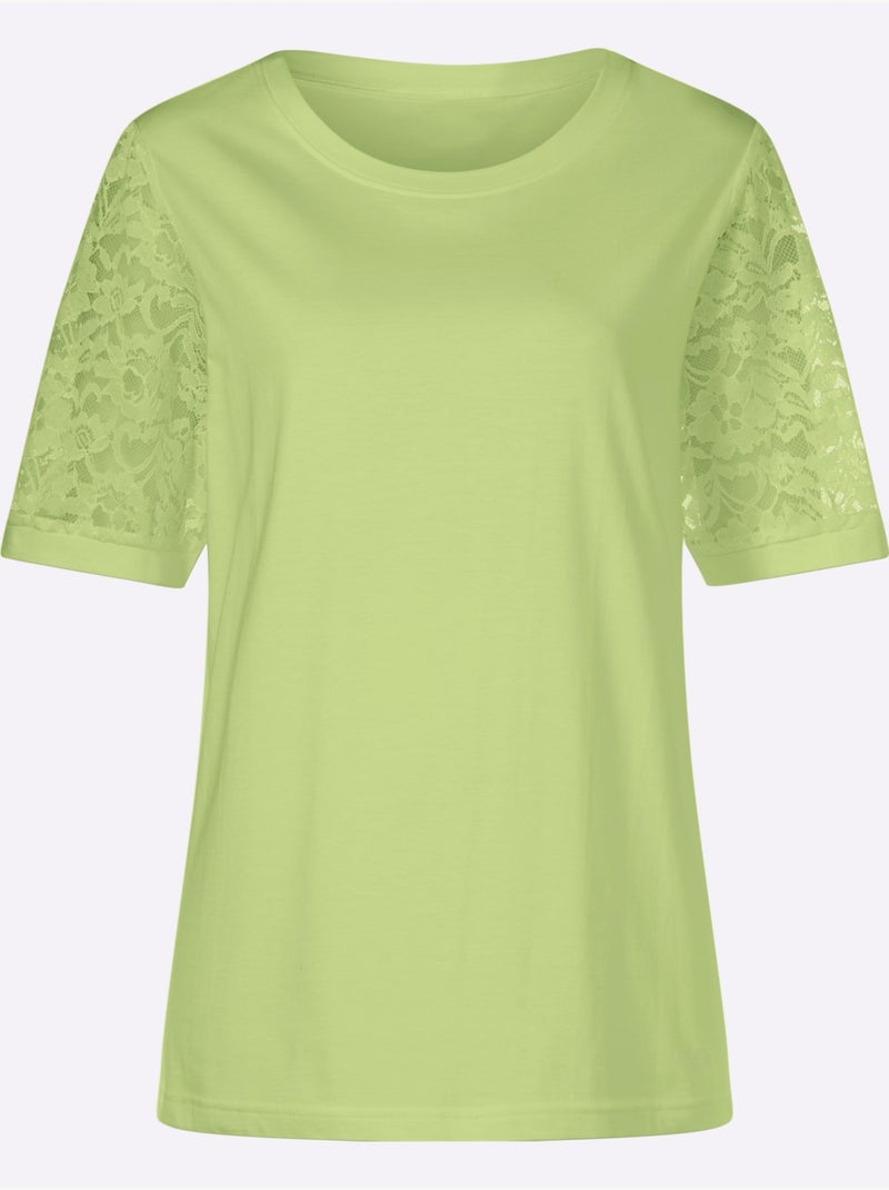 T-shirt à manches courtes avec manches bouffantes en dentelle - Taille standard - Moda Vilona Vert pistache - Kiabi