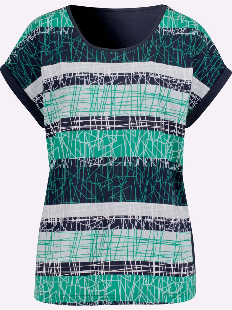 T-shirt à manches courtes avec motif à rayures et mancherons - Taille standard - Moda Vilona Gris Bleu - Kiabi