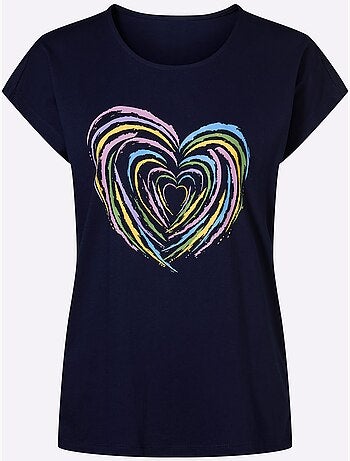 T-shirt à manches courtes en coton avec motif cœur devant - Taille standard - Moda Vilona