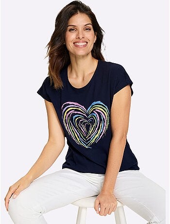 T-shirt à manches courtes en coton avec motif cœur devant - Taille standard - Moda Vilona