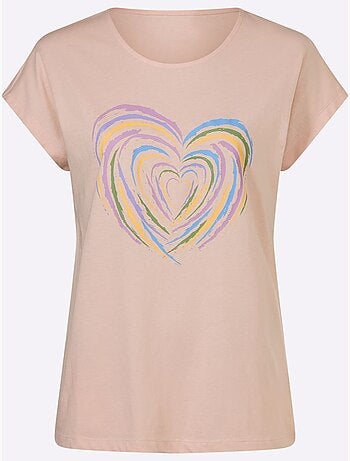 T-shirt à manches courtes en coton avec motif cœur devant - Taille standard - Moda Vilona