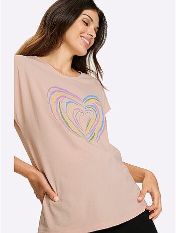 T-shirt à manches courtes en coton avec motif cœur devant - Taille standard - Moda Vilona