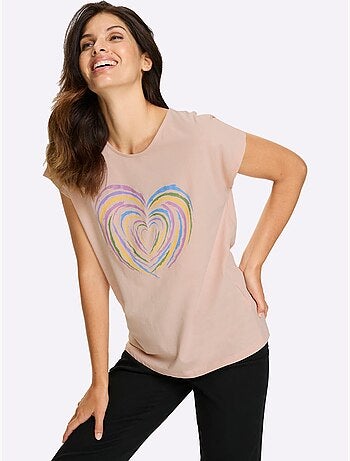 T-shirt à manches courtes en coton avec motif cœur devant - Taille standard - Moda Vilona