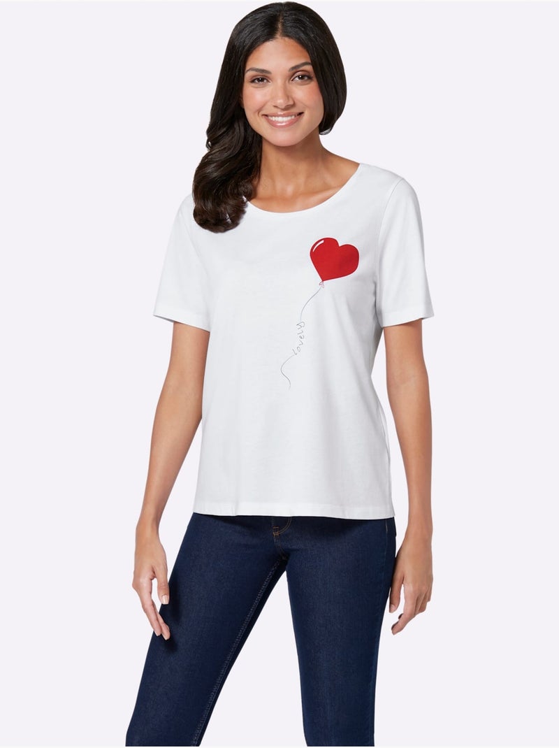 T-shirt à manches courtes avec motif de cœur en ballon - Taille standard - Moda Vilona Blanc - Kiabi