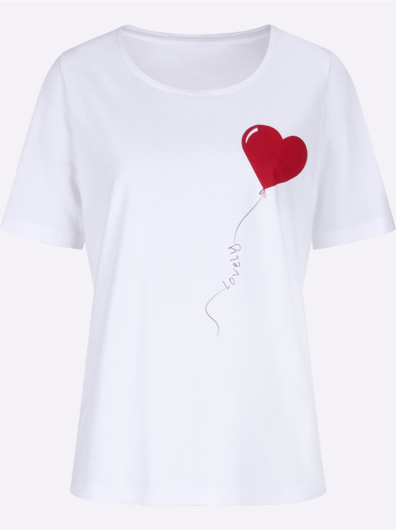 T-shirt à manches courtes avec motif de cœur en ballon - Taille standard - Moda Vilona Blanc - Kiabi
