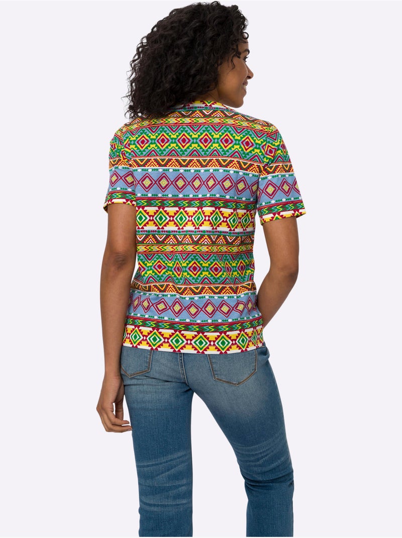 T-shirt à manches courtes avec motif ethnique coloré - Taille standard - Moda Vilona Noir / Rouge / Jaune - Kiabi