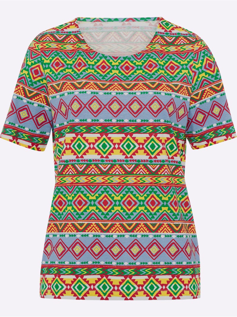T-shirt à manches courtes avec motif ethnique coloré - Taille standard - Moda Vilona Noir / Rouge / Jaune - Kiabi