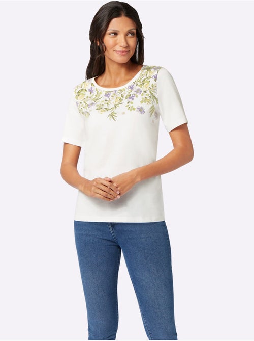 T-shirt à manches courtes avec motif floral et feuilles - Taille standard - Moda Vilona - Kiabi