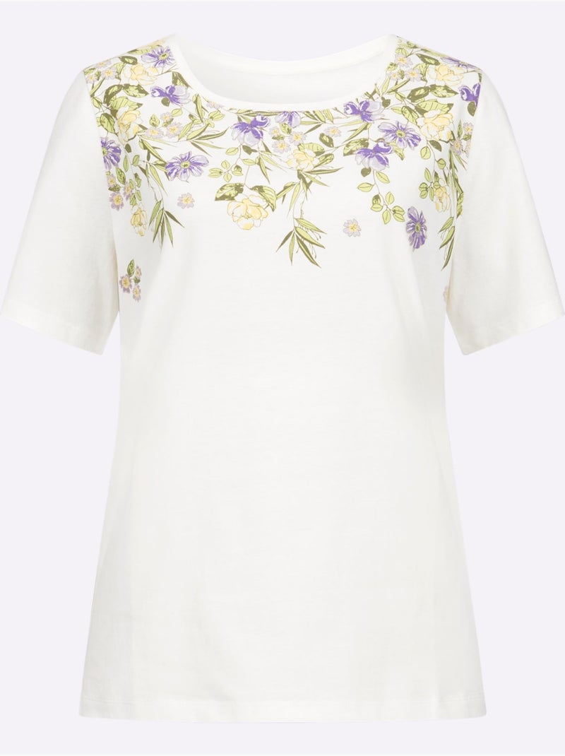T-shirt à manches courtes avec motif floral et feuilles - Taille standard - Moda Vilona Ecru - Kiabi