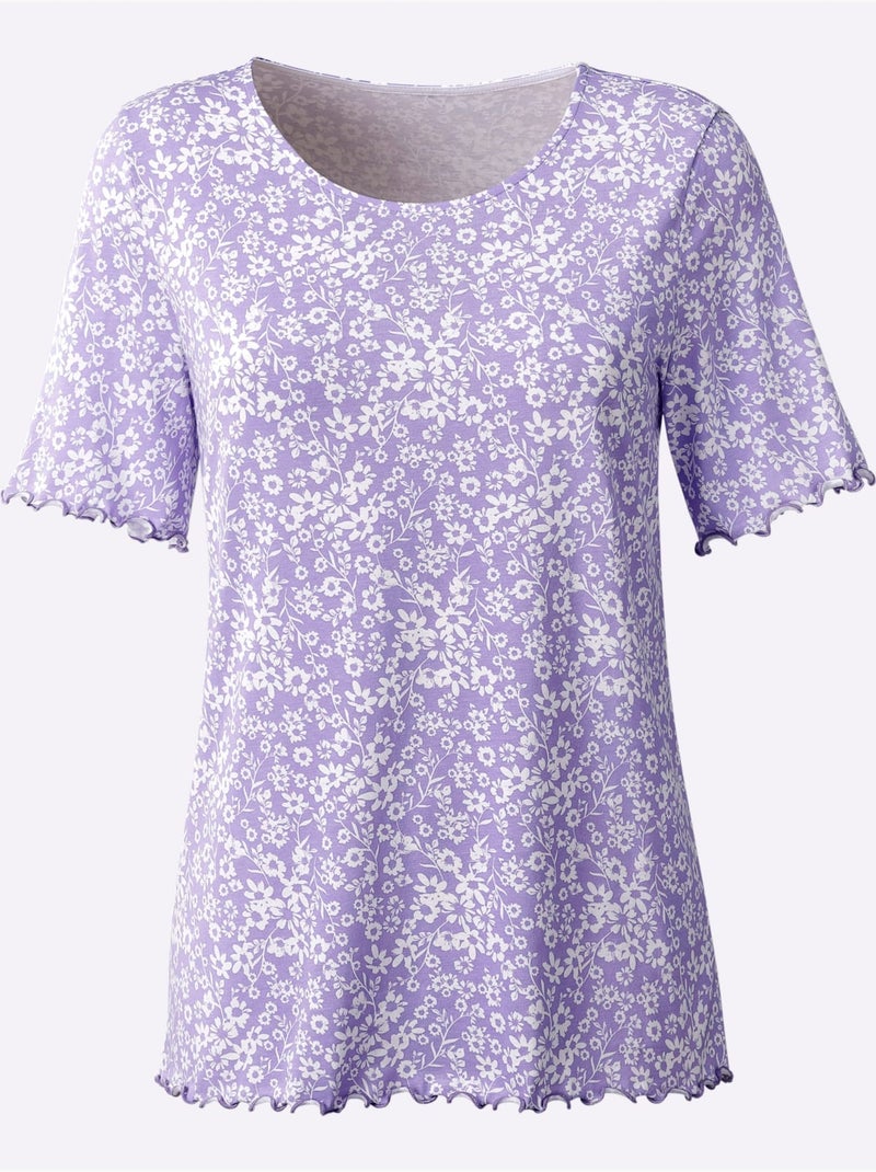 T-shirt à manches courtes avec motif floral et finitions ondulées - Taille standard - Moda Vilona Blanc Violet - Kiabi