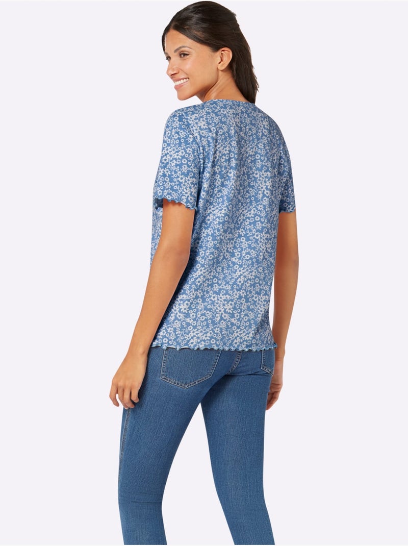 T-shirt à manches courtes avec motif floral et finitions ondulées - Taille standard - Moda Vilona Bleu Ecru - Kiabi