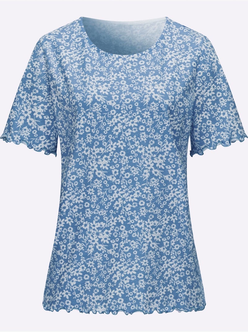 T-shirt à manches courtes avec motif floral et finitions ondulées - Taille standard - Moda Vilona Bleu Ecru - Kiabi