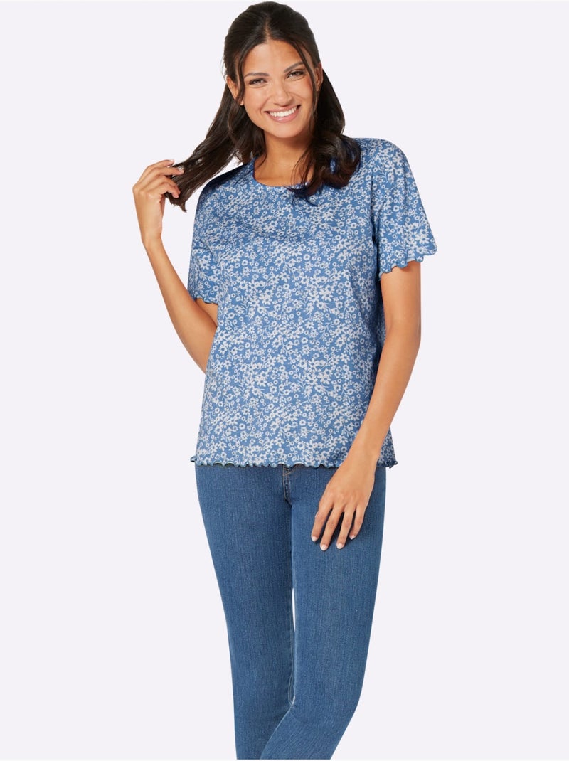 T-shirt à manches courtes avec motif floral et finitions ondulées - Taille standard - Moda Vilona Bleu Ecru - Kiabi