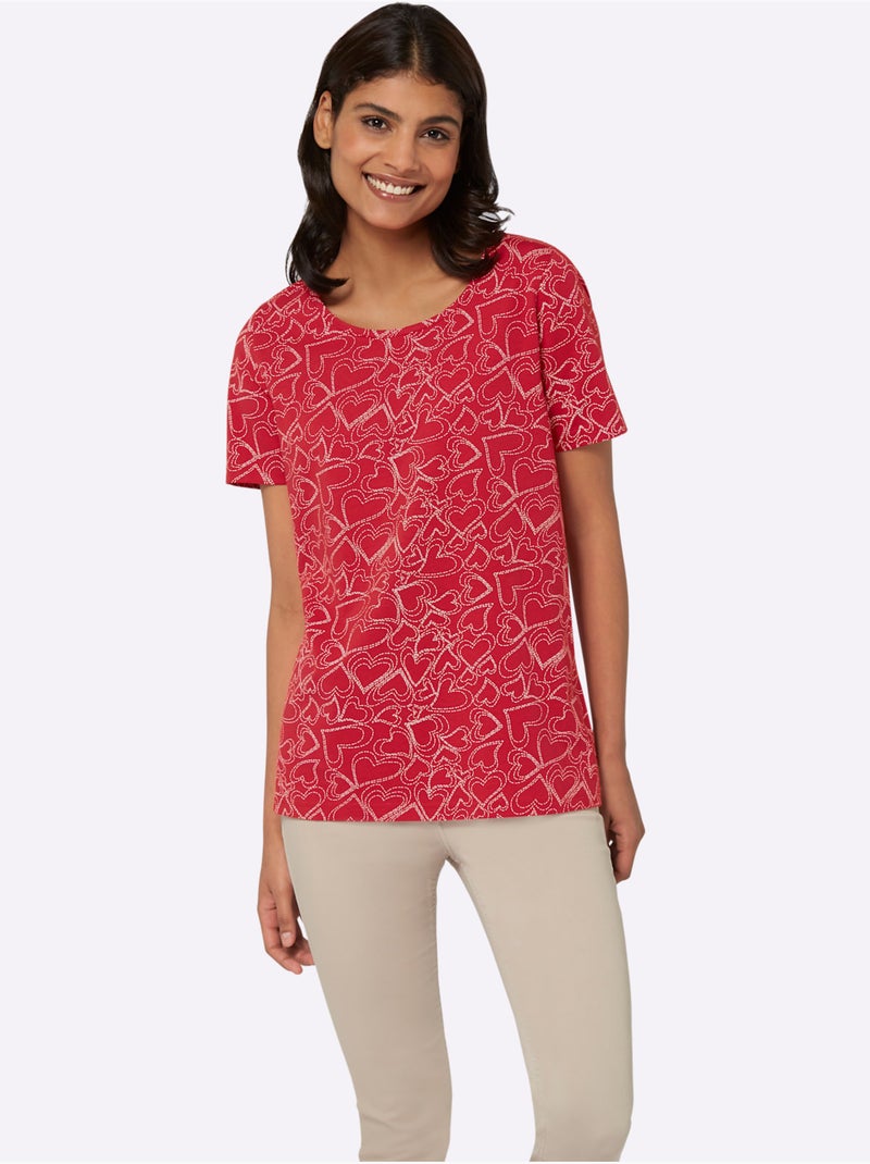 T-shirt à manches courtes avec motif imprimé et col rond - Taille standard - Moda Vilona Rouge - Kiabi