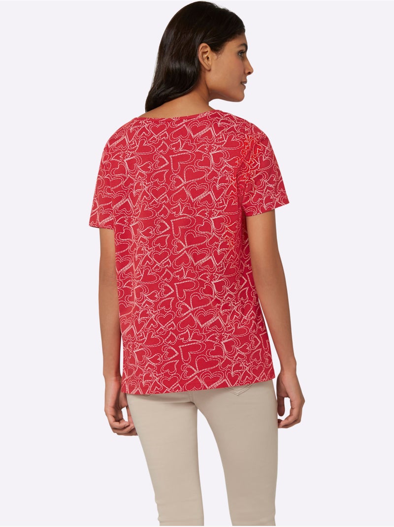 T-shirt à manches courtes avec motif imprimé et col rond - Taille standard - Moda Vilona Rouge - Kiabi
