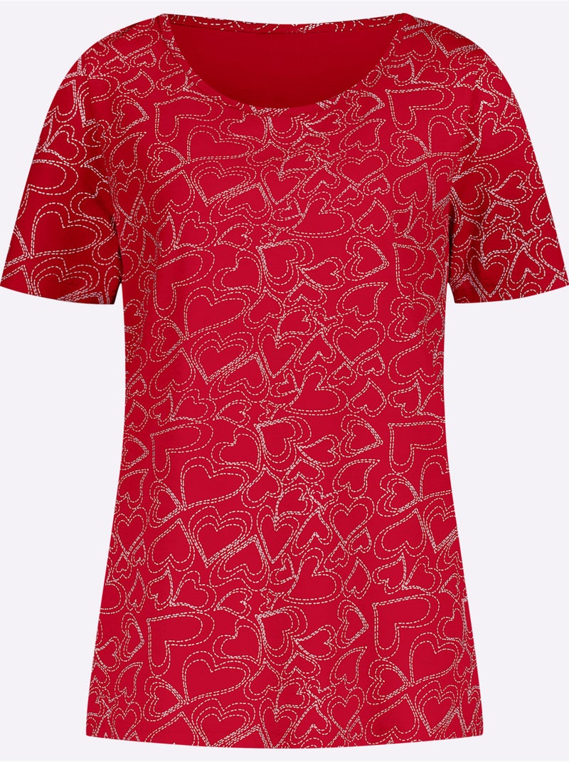 T-shirt à manches courtes avec motif imprimé et col rond - Taille standard - Moda Vilona Rouge - Kiabi