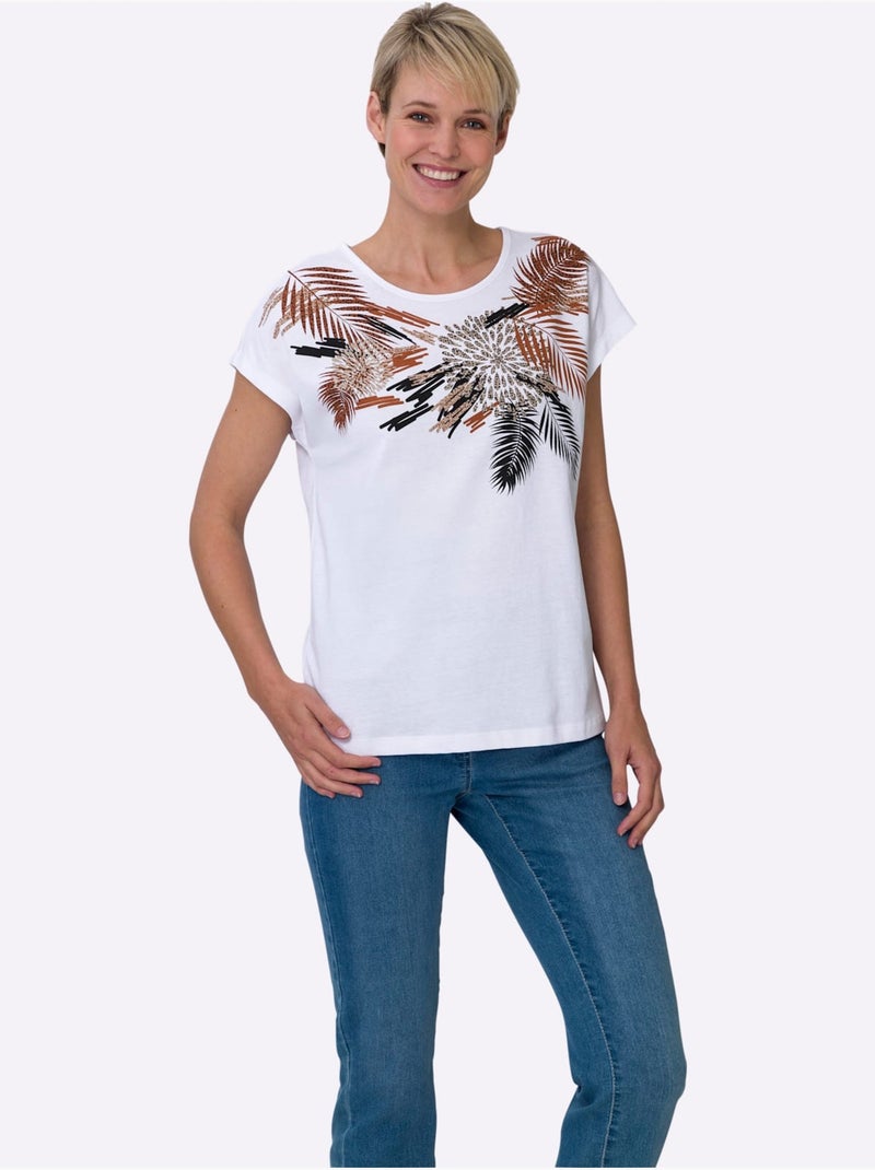 T-shirt à manches courtes avec motif imprimé et encolure ronde - Taille standard - Moda Vilona Blanc Marron - Kiabi