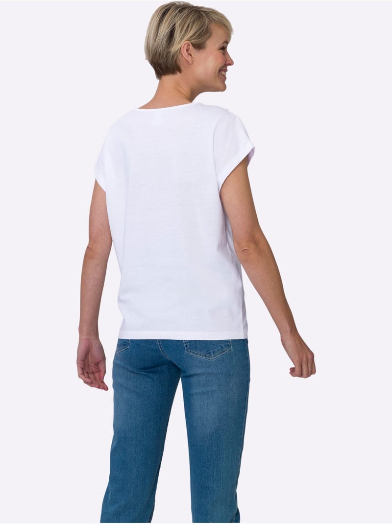 T-shirt à manches courtes avec motif imprimé et encolure ronde - Taille standard - Moda Vilona Blanc Marron - Kiabi