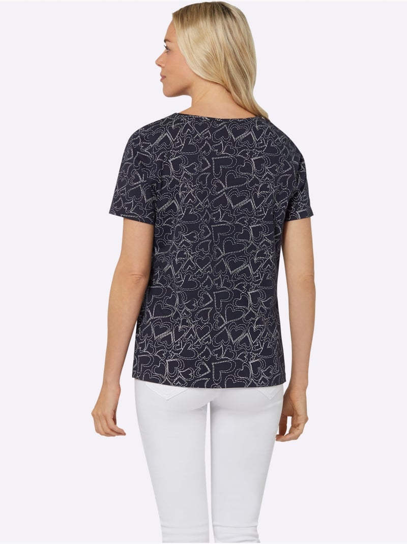 T-shirt à manches courtes avec motif imprimé et encolure ronde - Taille standard - Moda Vilona Bleu marine - Kiabi