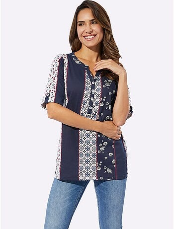 T-shirt à manches courtes avec motif patchwork et encolure ronde - Taille standard - Moda Vilona
