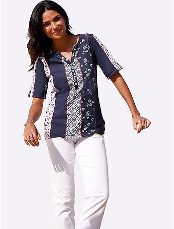 T-shirt à manches courtes avec motif patchwork et encolure ronde - Taille standard - Moda Vilona