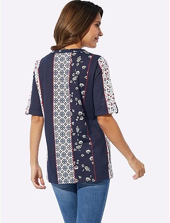 T-shirt à manches courtes avec motif patchwork et encolure ronde - Taille standard - Moda Vilona