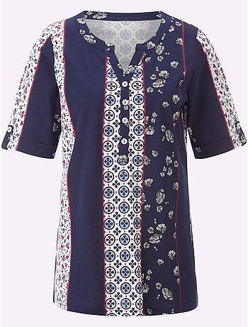 T-shirt à manches courtes avec motif patchwork et encolure ronde - Taille standard - Moda Vilona