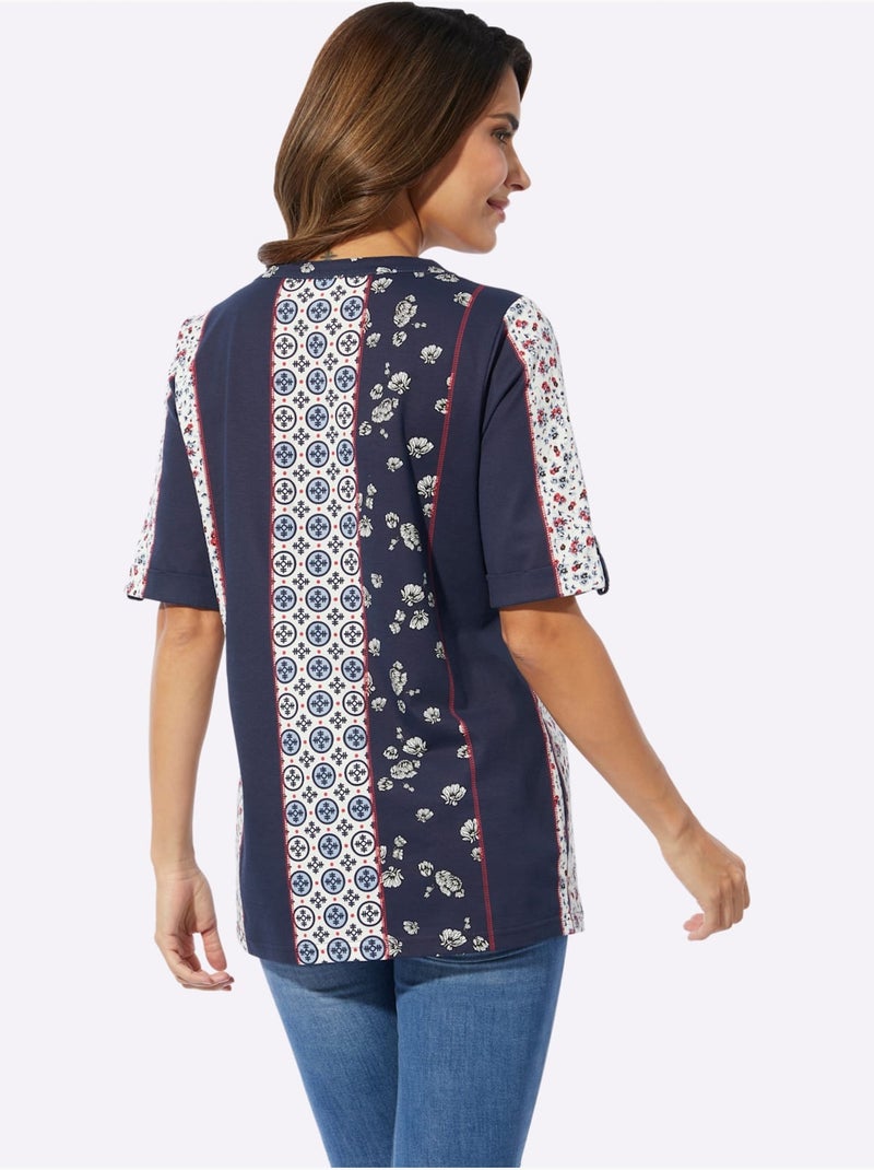 T-shirt à manches courtes avec motif patchwork et encolure ronde - Taille standard - Moda Vilona Bleu Rouge - Kiabi