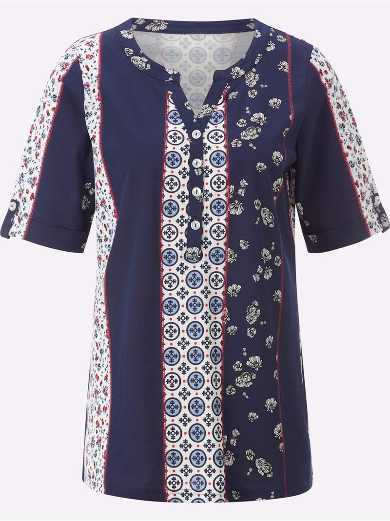 T-shirt à manches courtes avec motif patchwork et encolure ronde - Taille standard - Moda Vilona Bleu Rouge - Kiabi