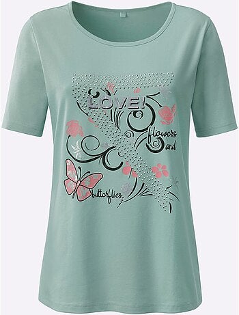 T-shirt manches courtes avec motifs papillons et brillance - Taille standard - Moda Vilona