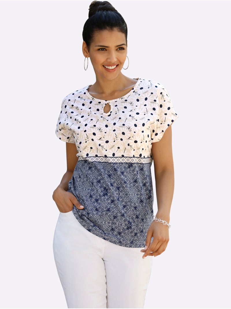 T-shirt à manches courtes avec motifs imprimés et col rond - Taille standard - Moda Vilona Blanc Bleu marine - Kiabi