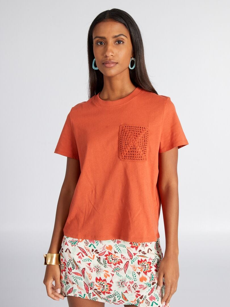 T-shirt à manches courtes avec poche en maille crochet orange - Kiabi