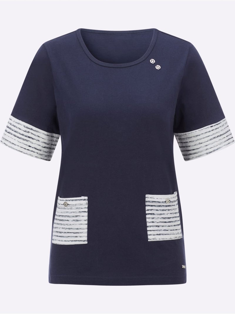 T-shirt à manches courtes avec rayures contrastées et poches plaquées - Taille standard - Witt Bleu marine - Kiabi