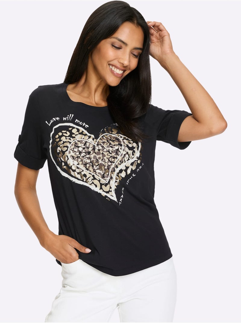 T-shirt à Manches Courtes Avec Revers Fixé - Taille Standard - Moda Vilona Noir Doré - Kiabi