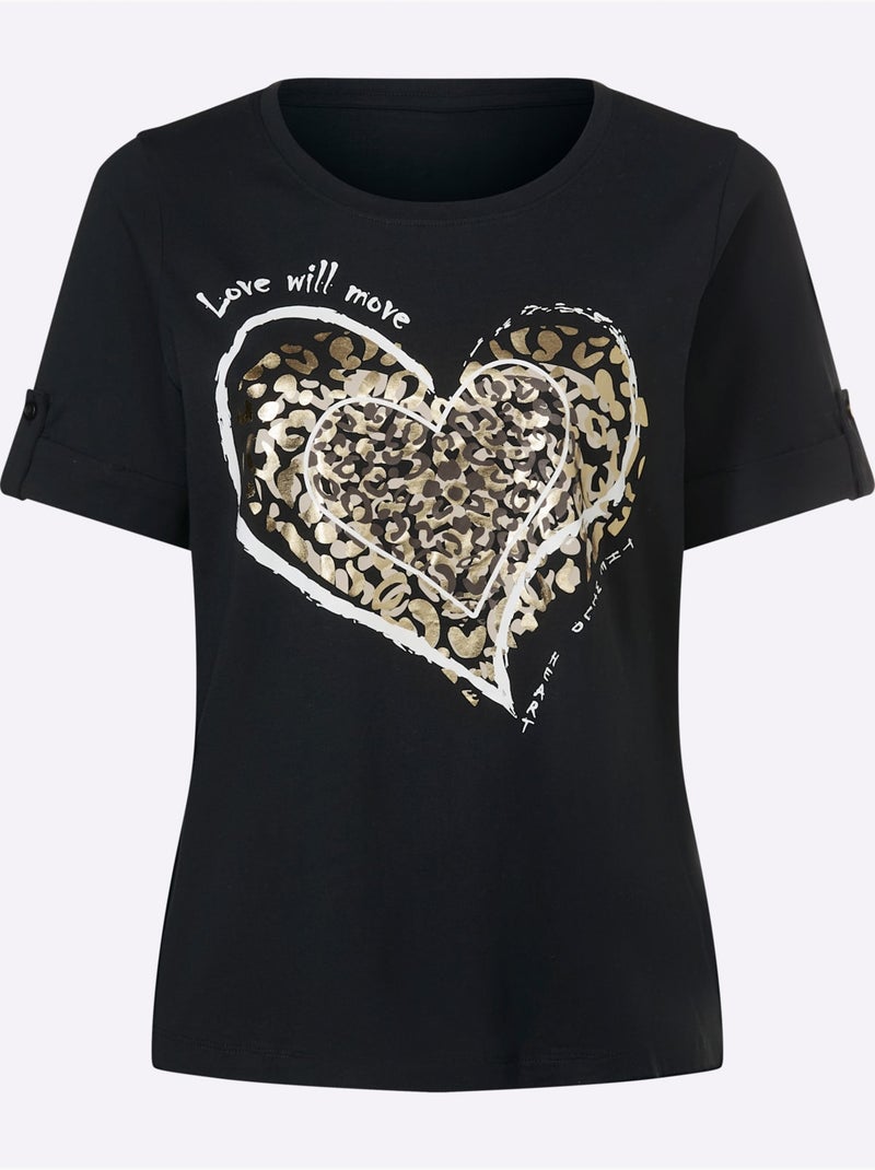 T-shirt à Manches Courtes Avec Revers Fixé - Taille Standard - Moda Vilona Noir Doré - Kiabi