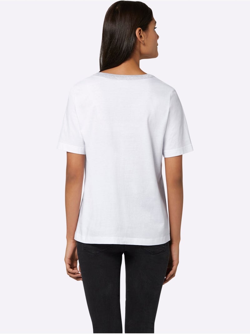 T-shirt à manches courtes avec ruban brillant et col en V - Taille standard - Moda Vilona Blanc - Kiabi