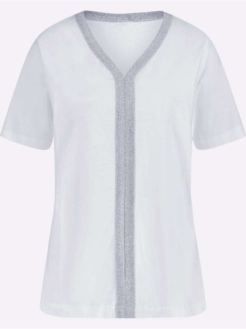 T-shirt à manches courtes avec ruban brillant et col en V - Taille standard - Moda Vilona Blanc - Kiabi