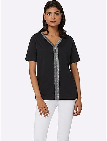 T-shirt à manches courtes avec ruban brillant en V - Taille standard - Moda Vilona