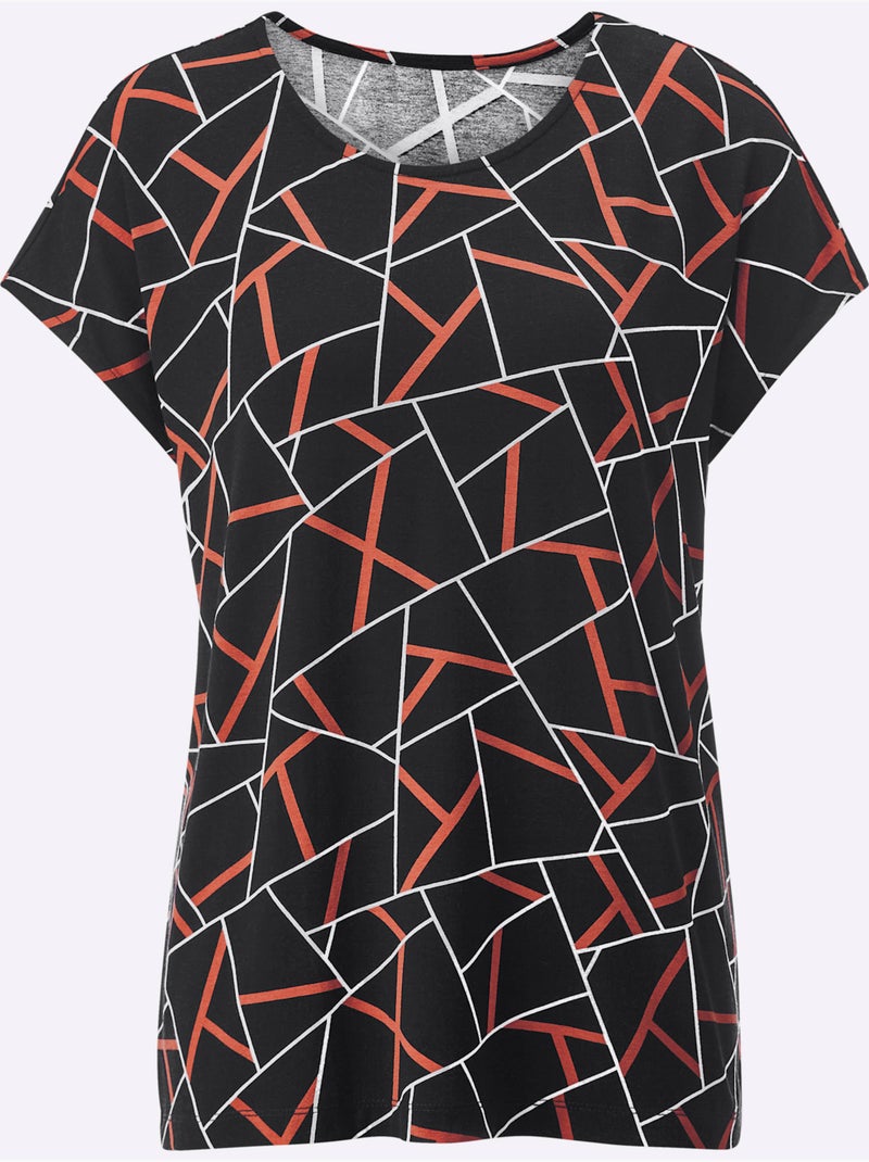 T-shirt à Manches Courtes Avec Viscose (ecovero) - Taille Standard - Helline Noir Orange - Kiabi
