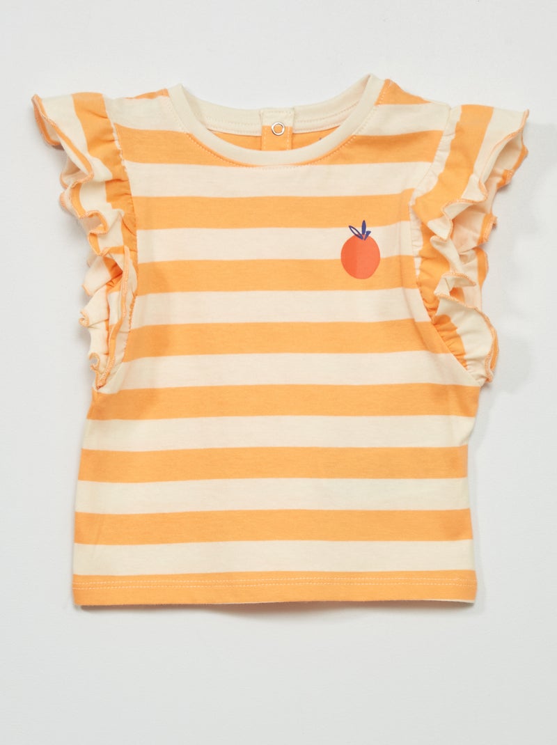 T-shirt à manches courtes avec volants Blanc/orange - Kiabi