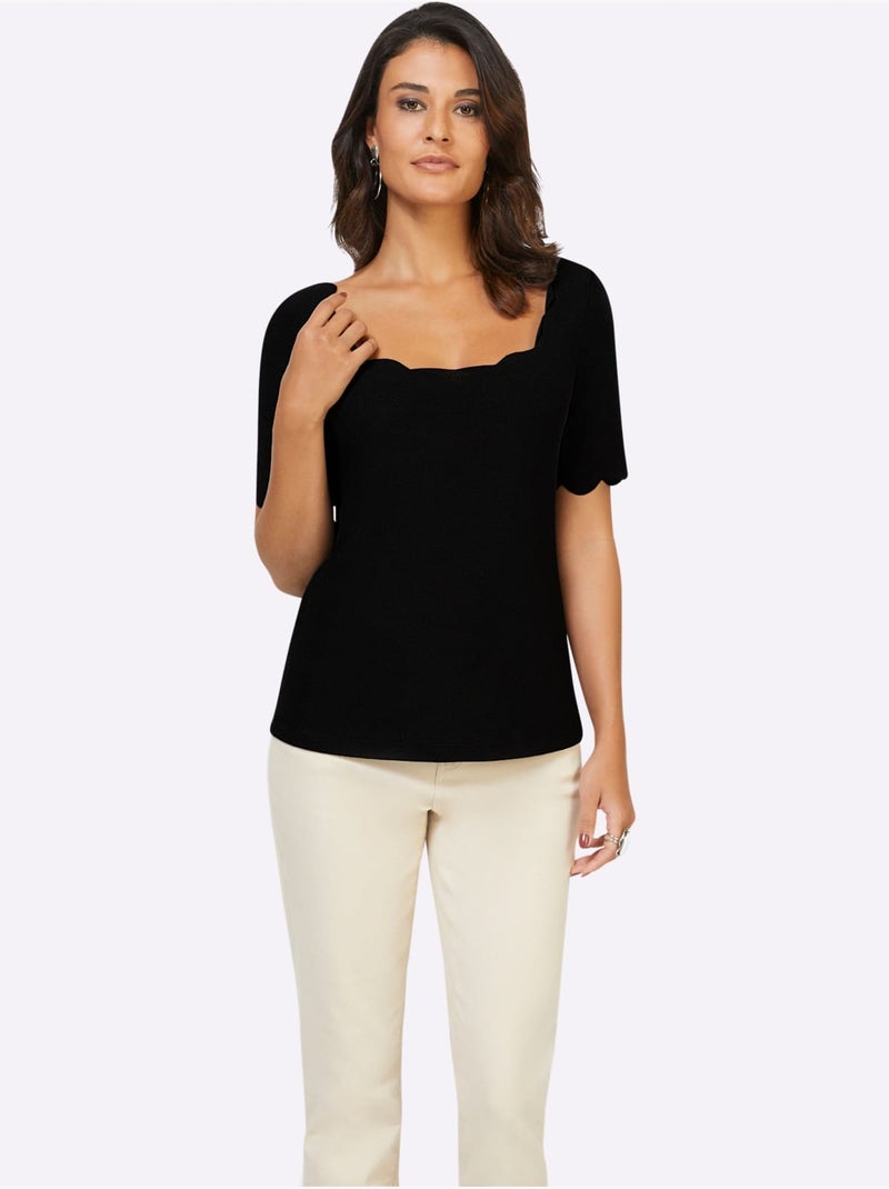 T-shirt à Manches Courtes Bords Arrondis Féminins - Taille Standard - Helline Noir - Kiabi