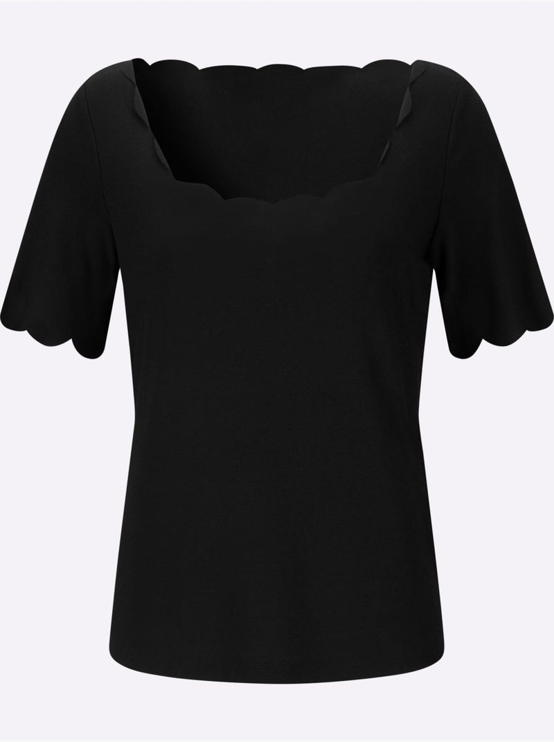 T-shirt à Manches Courtes Bords Arrondis Féminins - Taille Standard - Helline Noir - Kiabi
