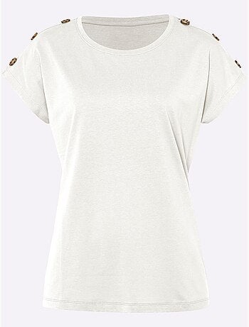 T-shirt à manches courtes avec col rond et boutons imitation corne - Taille standard - Moda Vilona