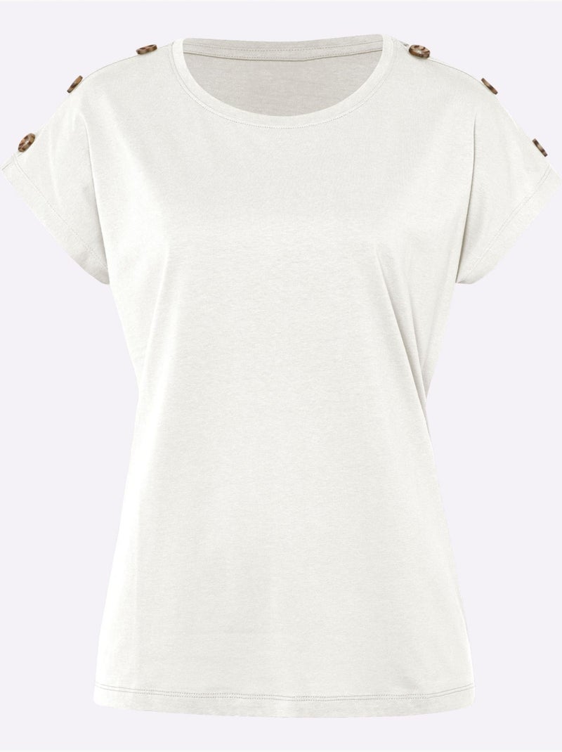 T-shirt à Manches Courtes Boutons Imitation Corne - Taille Standard - Moda Vilona Ecru - Kiabi