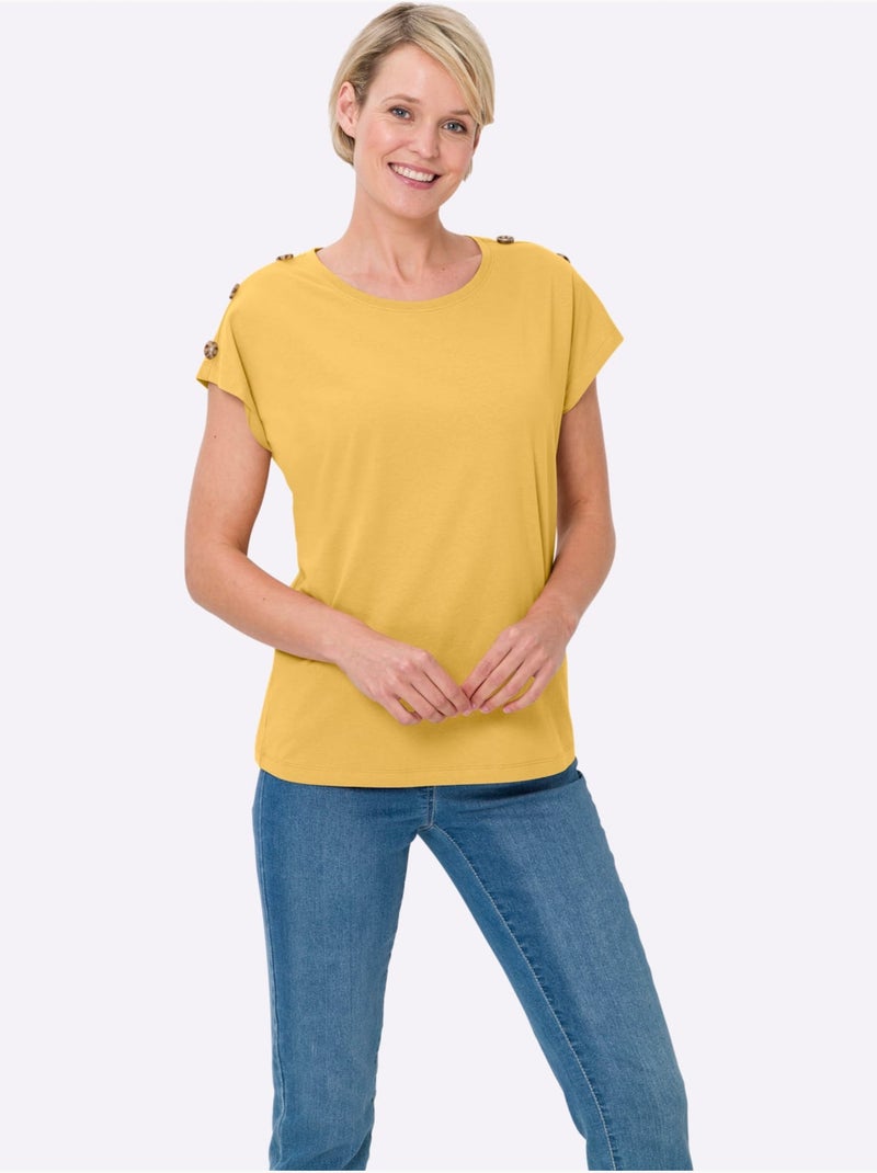 T-shirt à Manches Courtes Boutons Imitation Corne - Taille Standard - Moda Vilona Jaune - Kiabi