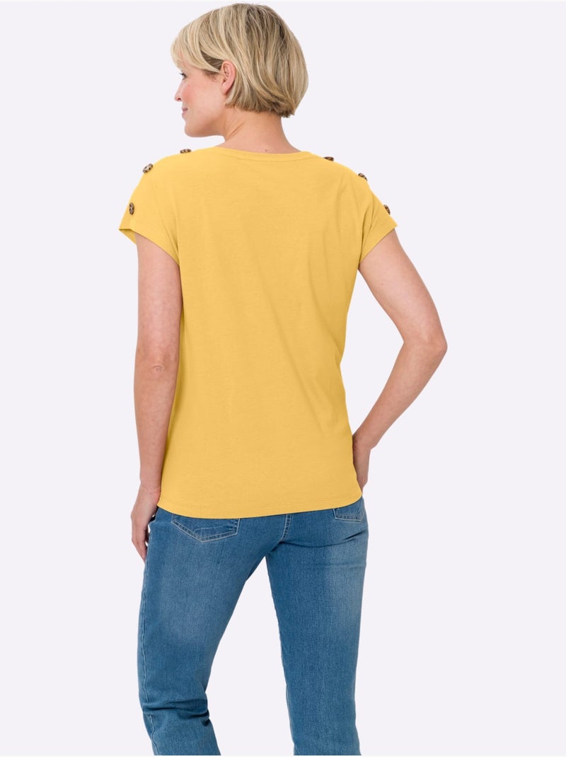 T-shirt à Manches Courtes Boutons Imitation Corne - Taille Standard - Moda Vilona Jaune - Kiabi