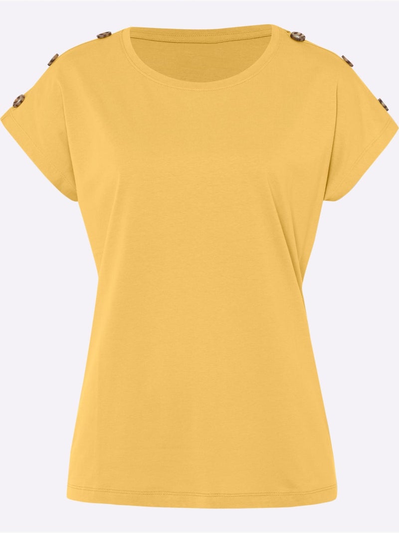 T-shirt à Manches Courtes Boutons Imitation Corne - Taille Standard - Moda Vilona Jaune - Kiabi