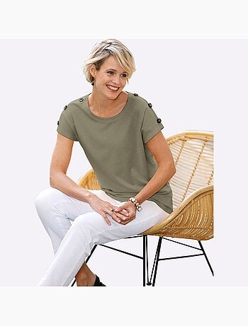 T-shirt à manches courtes avec col rond et boutons imitation corne - Taille standard - Moda Vilona